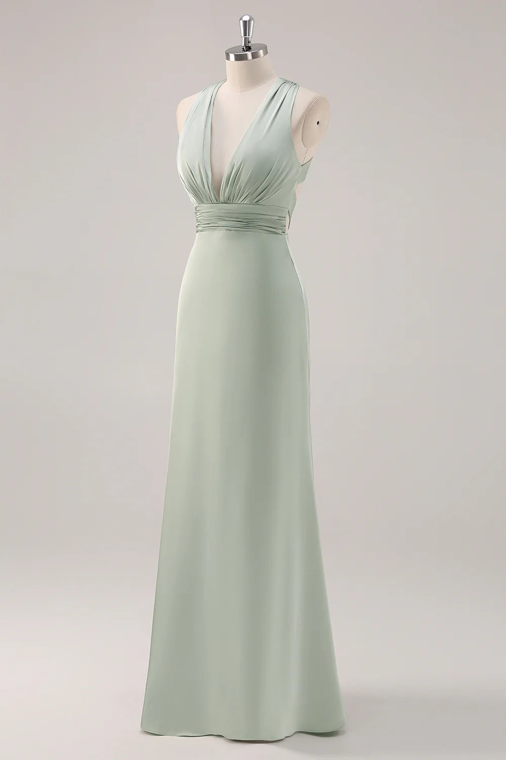 Sage Green Sheath Deep V Neck Ruched Backless Satin Long Bridesmaid Dress