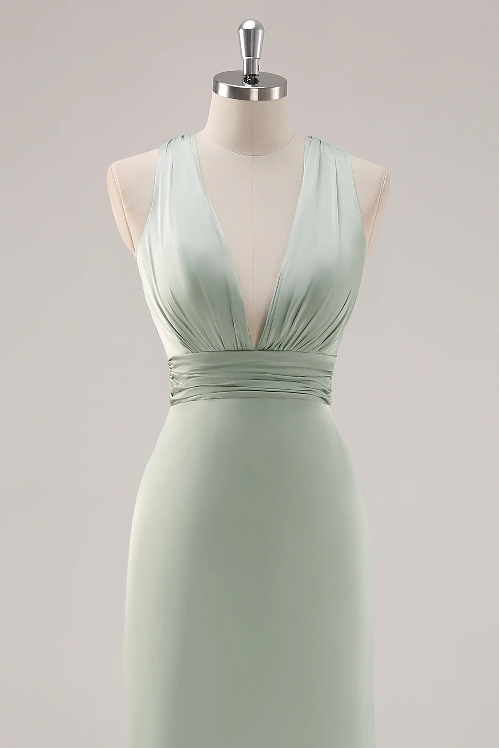 Sage Green Sheath Deep V Neck Ruched Backless Satin Long Bridesmaid Dress