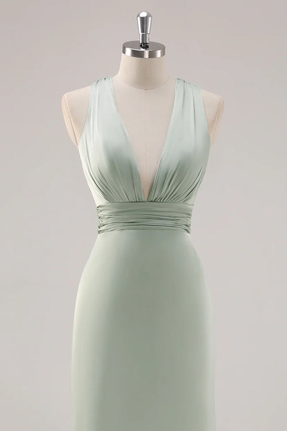 Sage Green Sheath Deep V Neck Ruched Backless Satin Long Bridesmaid Dress