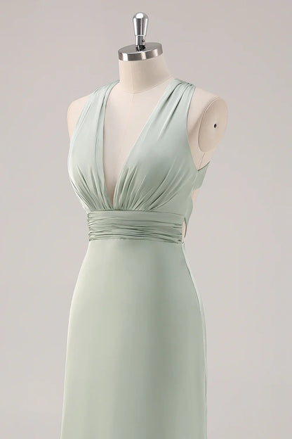 Sage Green Sheath Deep V Neck Ruched Backless Satin Long Bridesmaid Dress