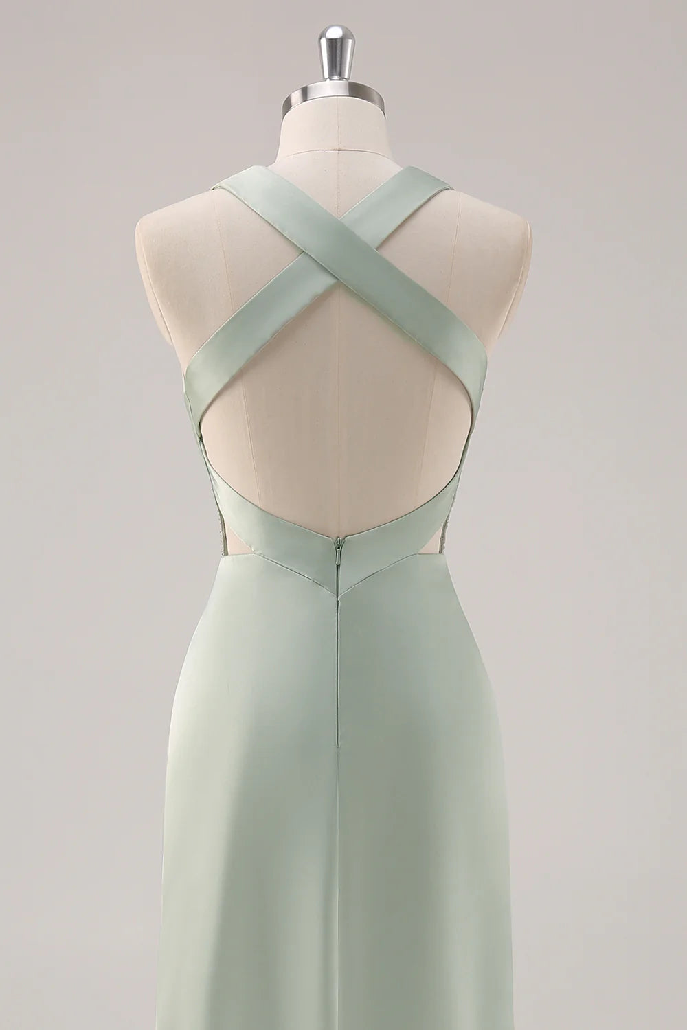 Sage Green Sheath Deep V Neck Ruched Backless Satin Long Bridesmaid Dress