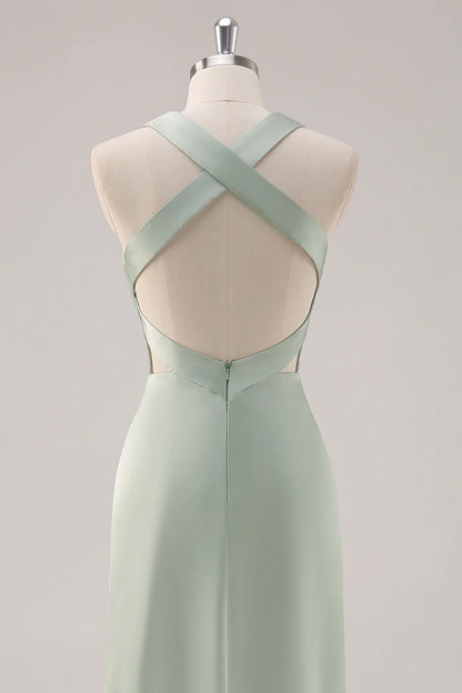 Sage Green Sheath Deep V Neck Ruched Backless Satin Long Bridesmaid Dress