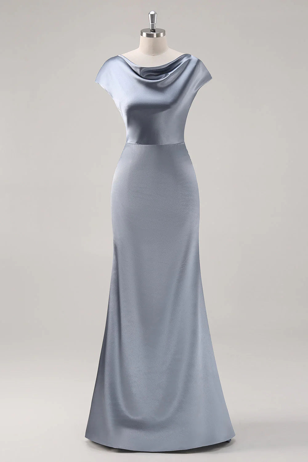 Grey blue satin long bridesmaid dress