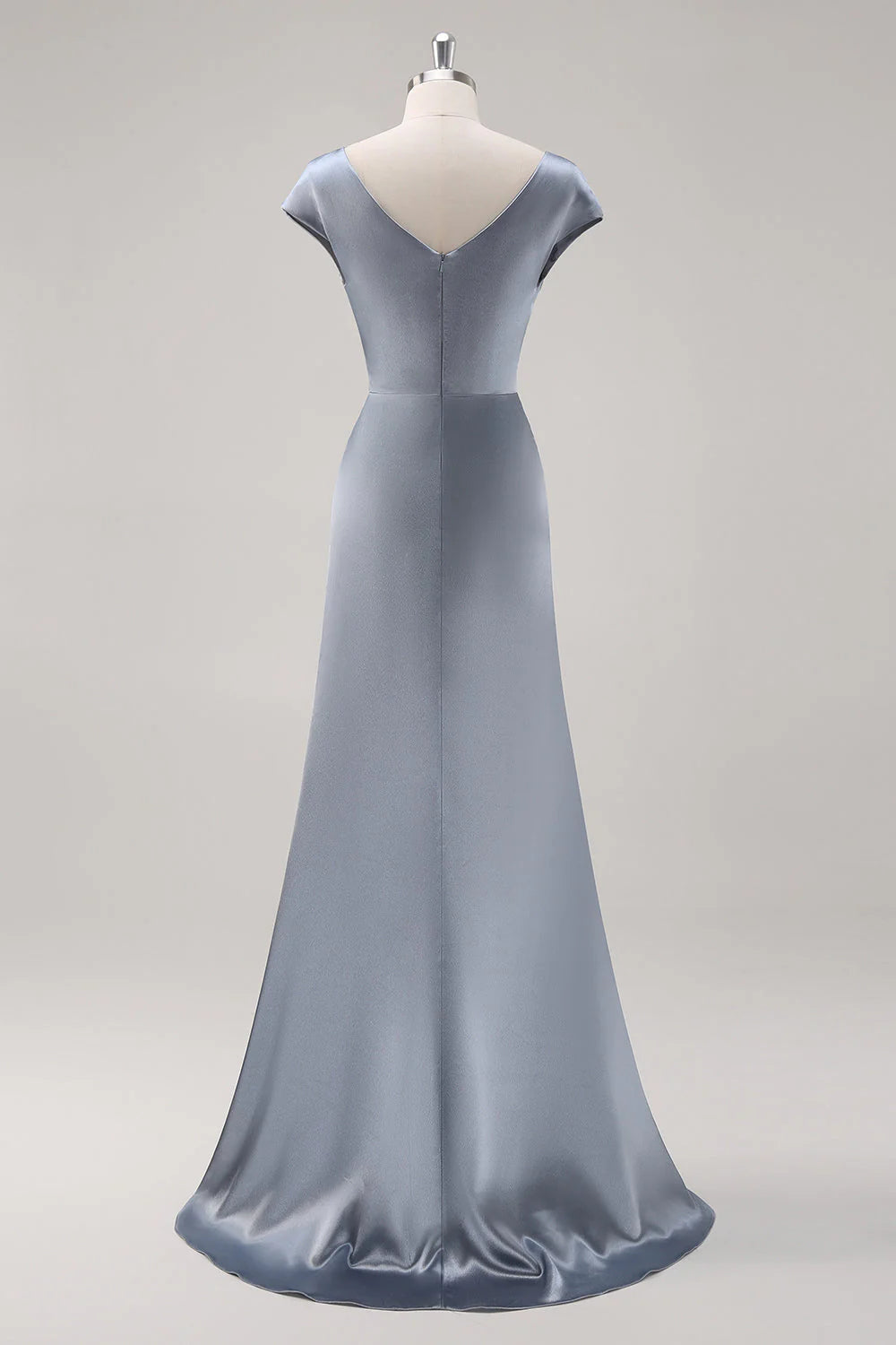 Grey blue satin long bridesmaid dress