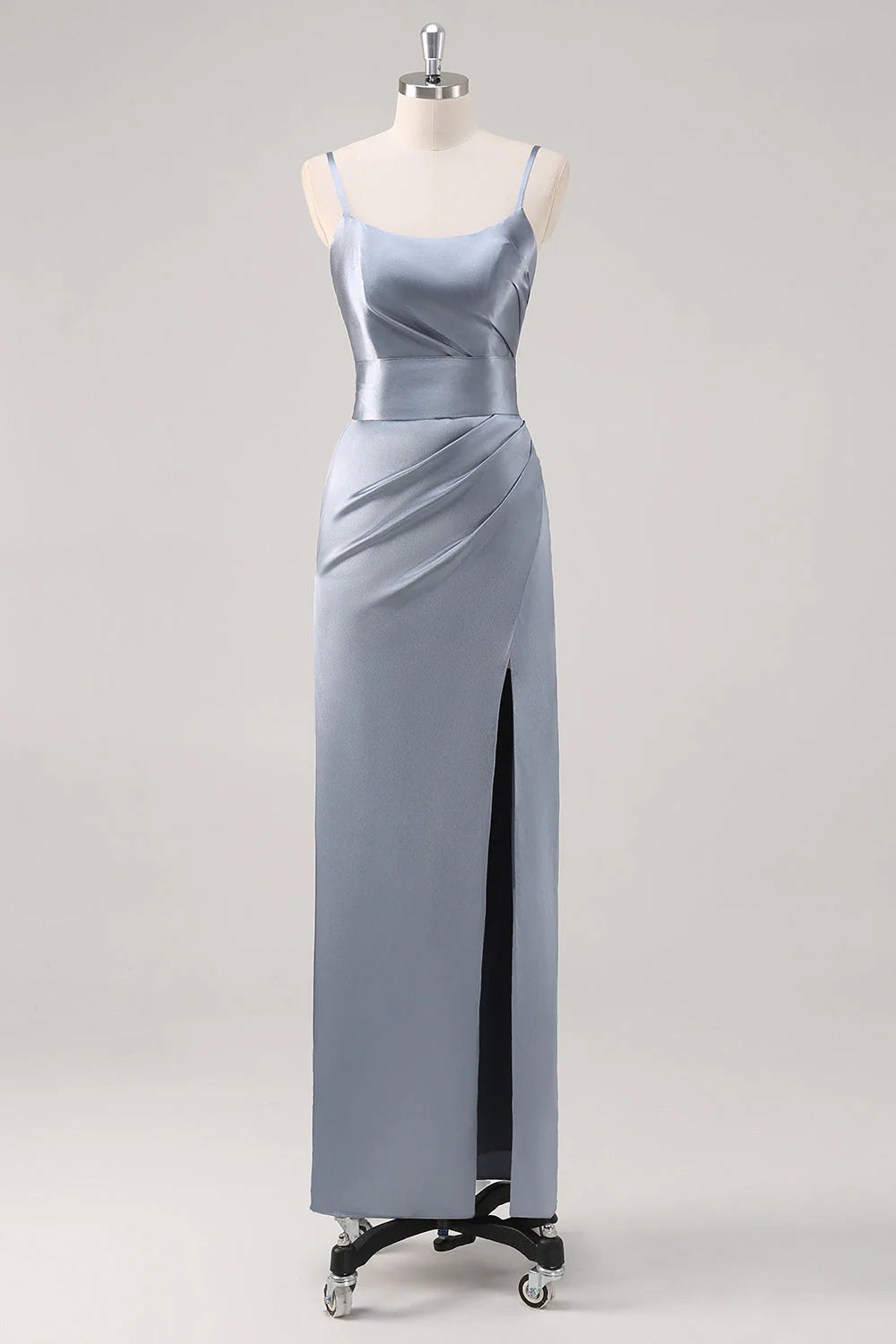 Grey Blue Sheath Ruched Spaghetti Straps Satin Long Bridesmaid Dress with Slit