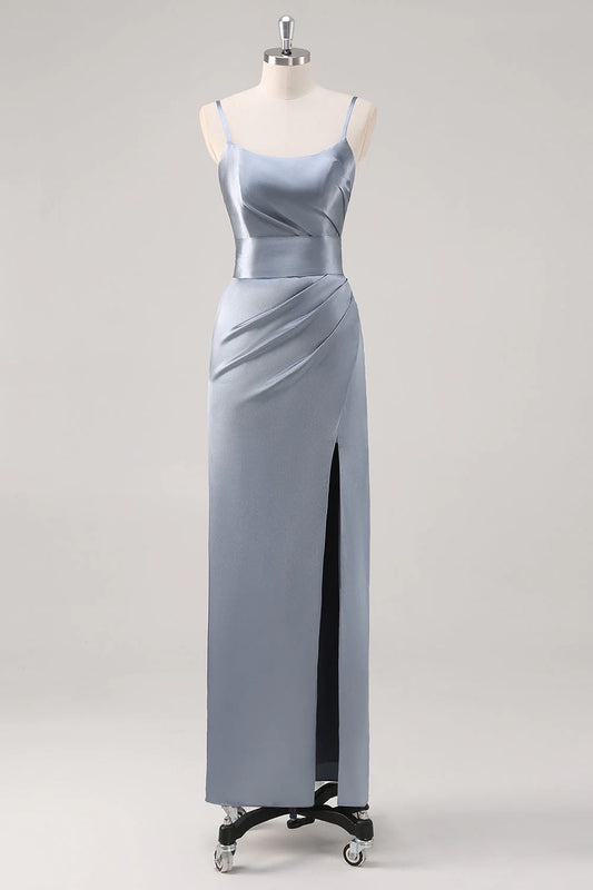 Grey Blue Sheath Ruched Spaghetti Straps Satin Long Bridesmaid Dress with Slit