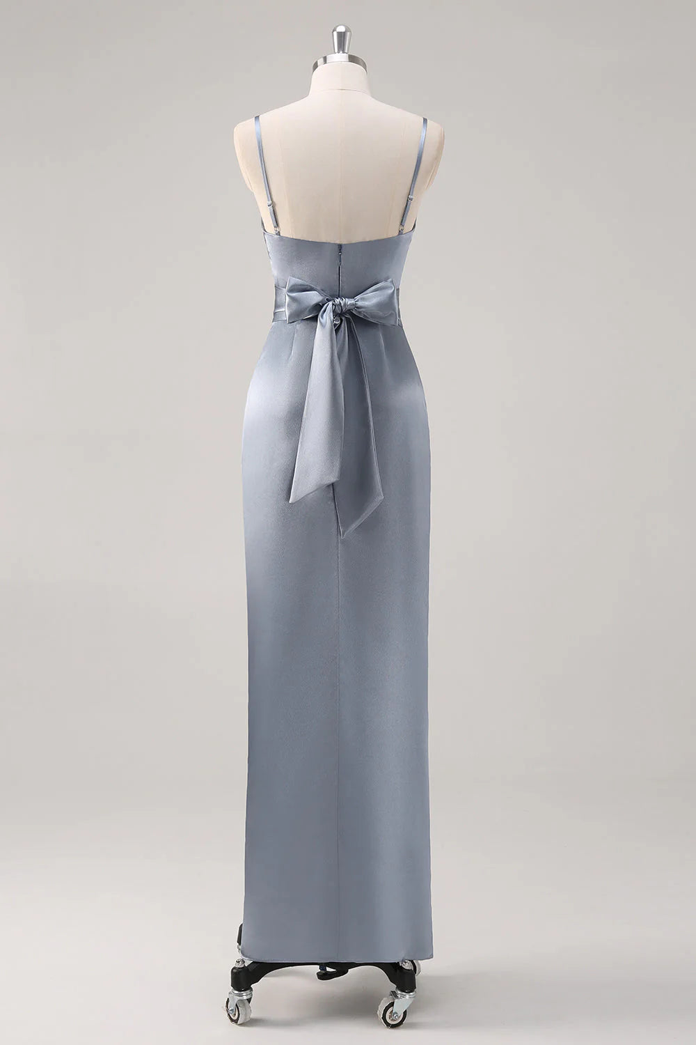 Grey Blue Sheath Ruched Spaghetti Straps Satin Long Bridesmaid Dress with Slit