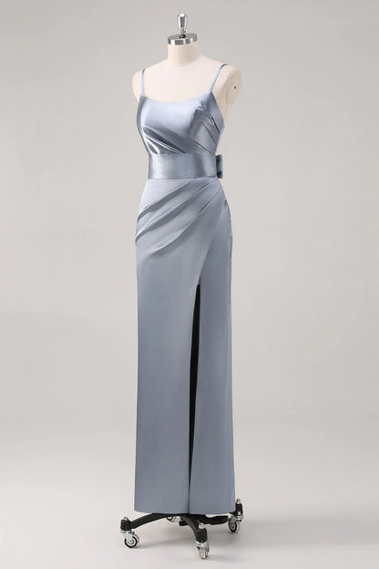 Grey Blue Sheath Ruched Spaghetti Straps Satin Long Bridesmaid Dress with Slit