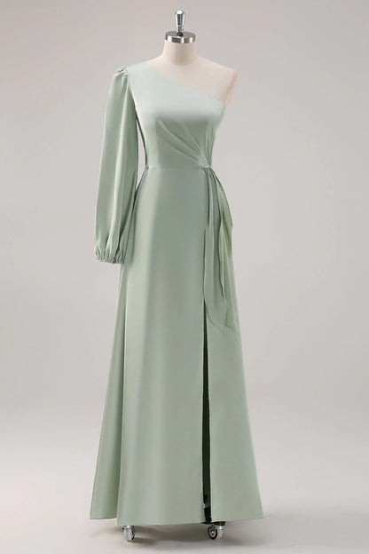 Sage Green A Line One Shoulder Ruched Long Bridesmaid Dress with Slit