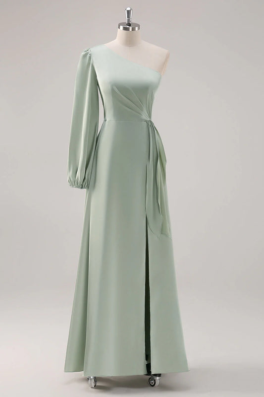 Sage Green A Line One Shoulder Ruched Long Bridesmaid Dress with Slit