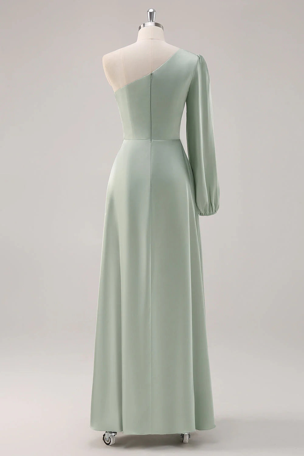 Sage Green A Line One Shoulder Ruched Long Bridesmaid Dress with Slit
