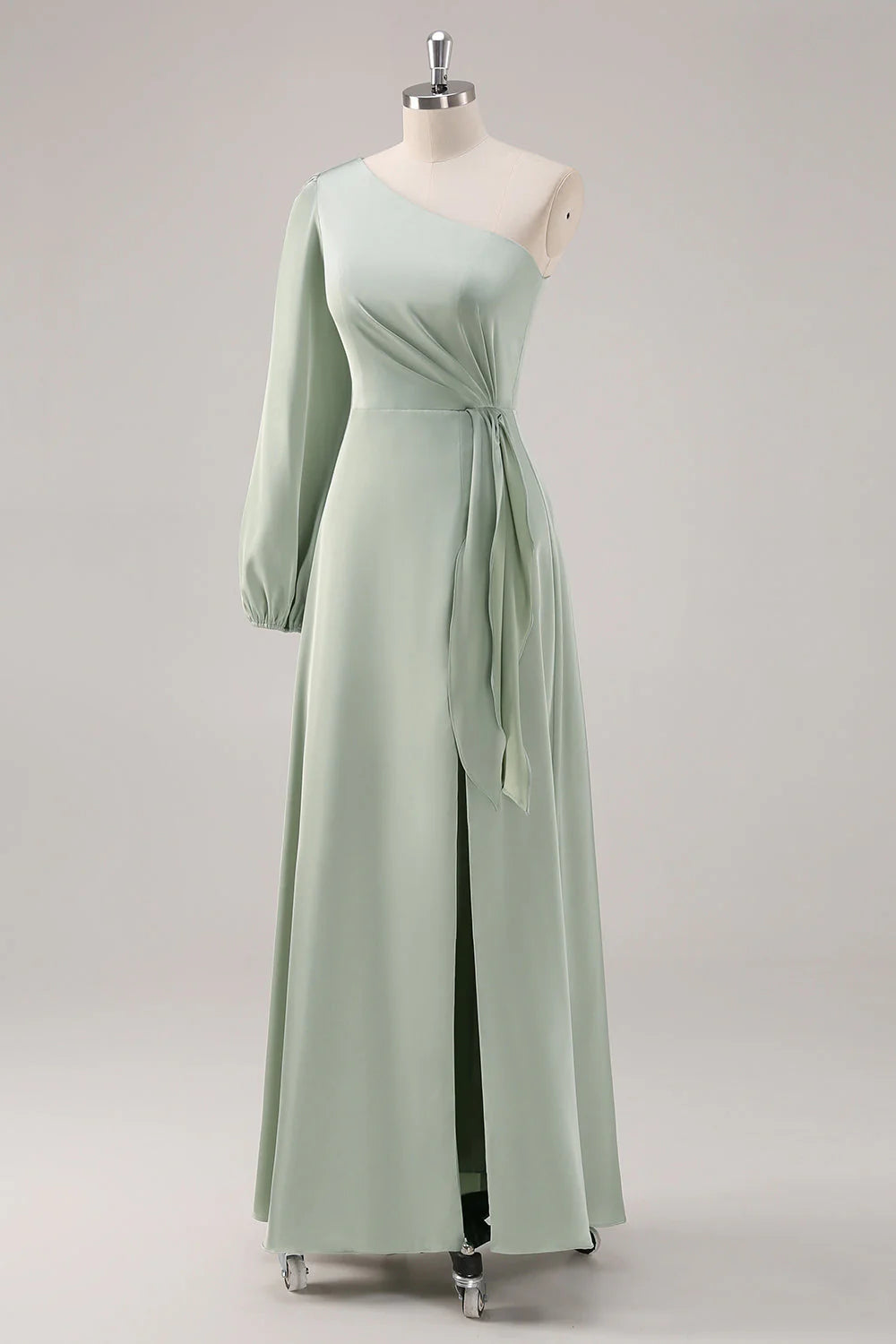 Sage Green A Line One Shoulder Ruched Long Bridesmaid Dress with Slit