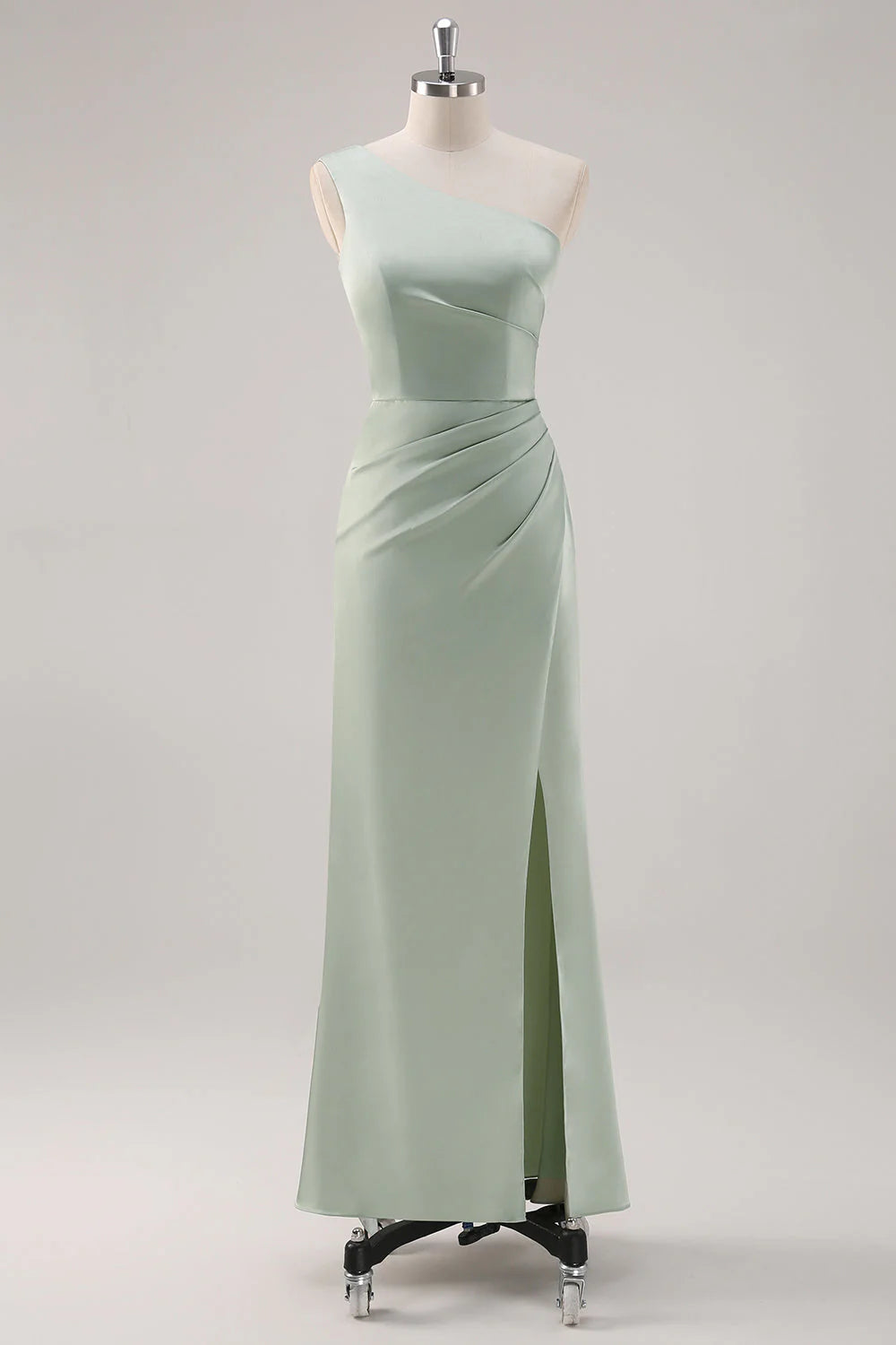 Simple Sheath Sage Green Satin One Shoulder Long Bridesmaid Dress with Slit