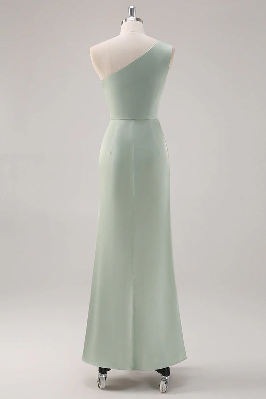 Simple Sheath Sage Green Satin One Shoulder Long Bridesmaid Dress with Slit