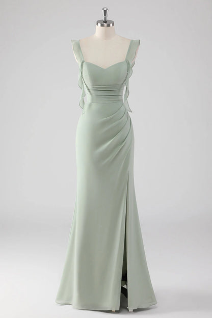 Sage Green Sheath Ruffled Lace-Up Back Long Bridesmaid Dress with Slit