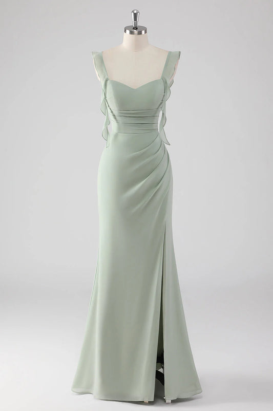 Sage Green Sheath Ruffled Lace-Up Back Long Bridesmaid Dress with Slit