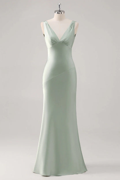 Sage Green Sheath V Neck Backless Satin Bridesmaid Dress