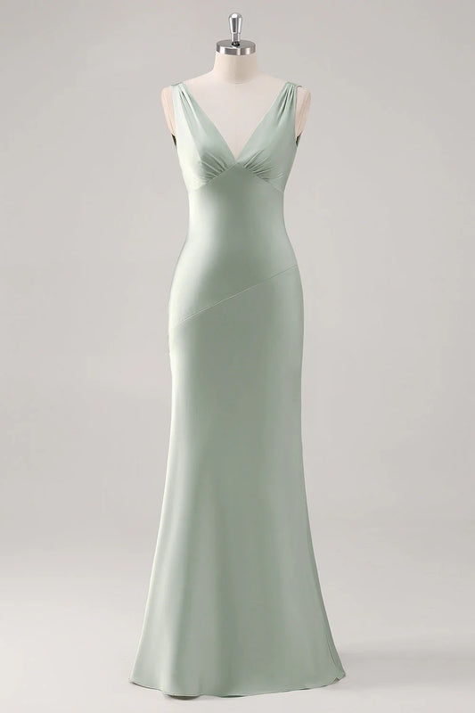 Sage Green Sheath V Neck Backless Satin Bridesmaid Dress