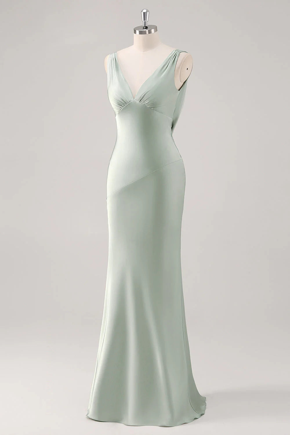 Sage Green Sheath V Neck Backless Satin Bridesmaid Dress