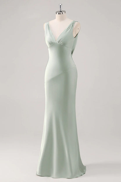 Sage Green Sheath V Neck Backless Satin Bridesmaid Dress
