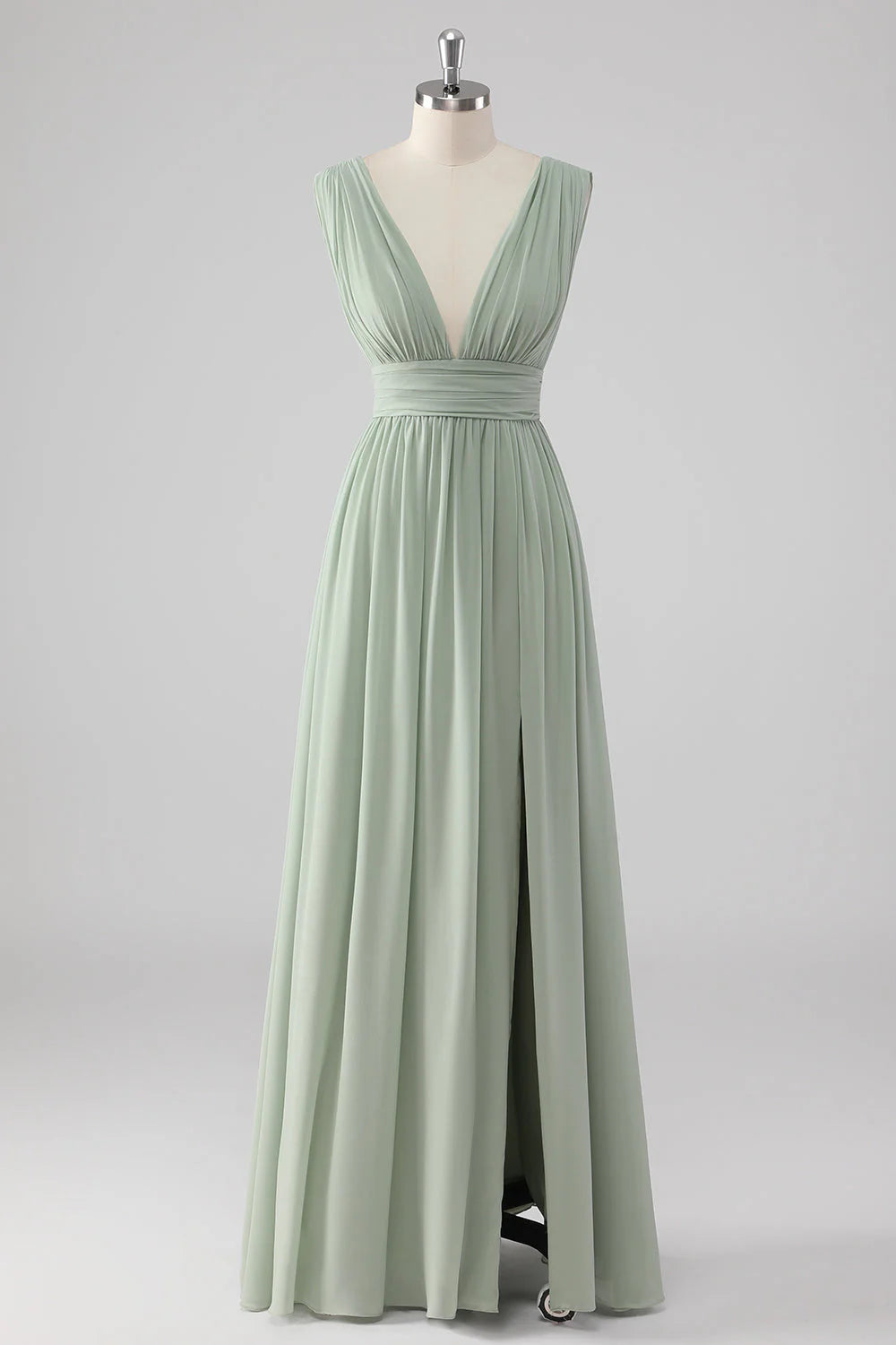 Sage Green V Neck Pleated Chiffon Long Bridesmaid Dress with Slit
