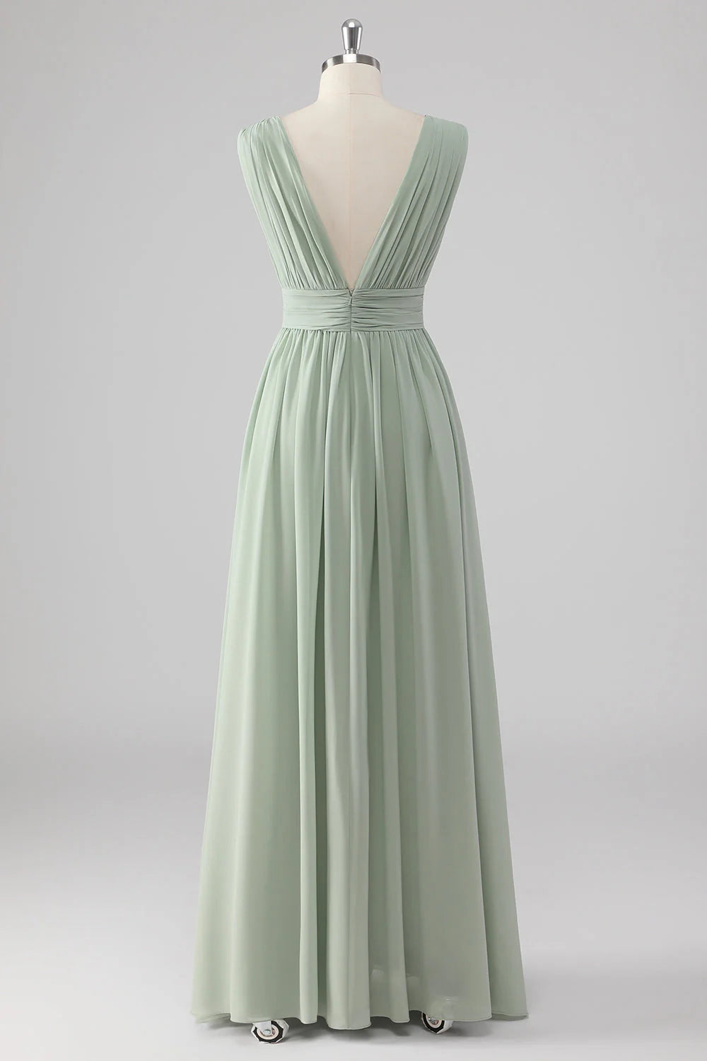 Sage Green V Neck Pleated Chiffon Long Bridesmaid Dress with Slit