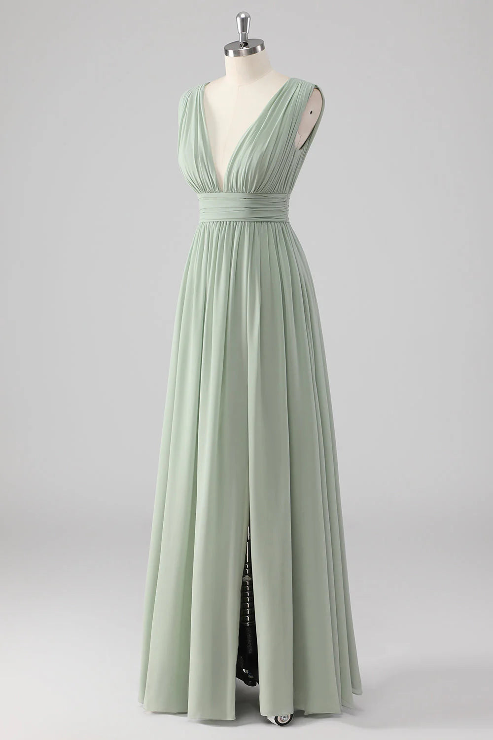 Sage Green V Neck Pleated Chiffon Long Bridesmaid Dress with Slit