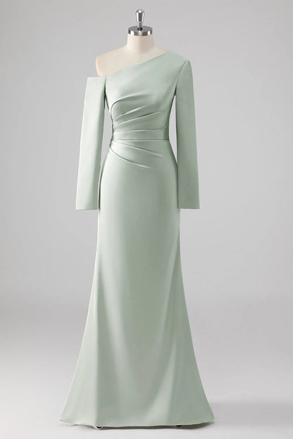 Sage Sheath One Shoulder Satin Long Bridesmaid Dress with Long Sleeves