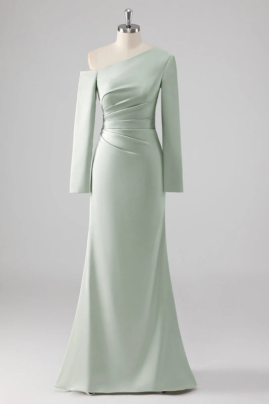 Sage Sheath One Shoulder Satin Long Bridesmaid Dress with Long Sleeves