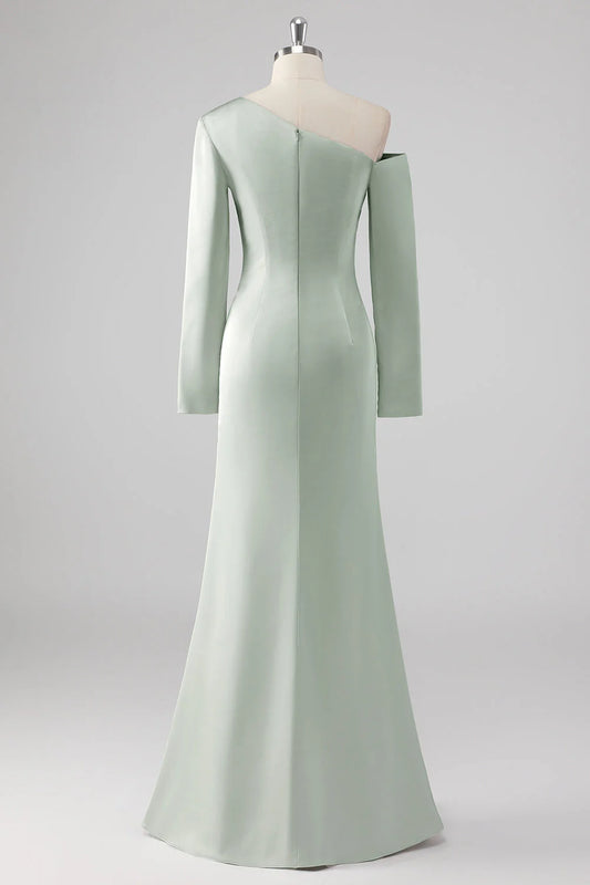 Sage Sheath One Shoulder Satin Long Bridesmaid Dress with Long Sleeves