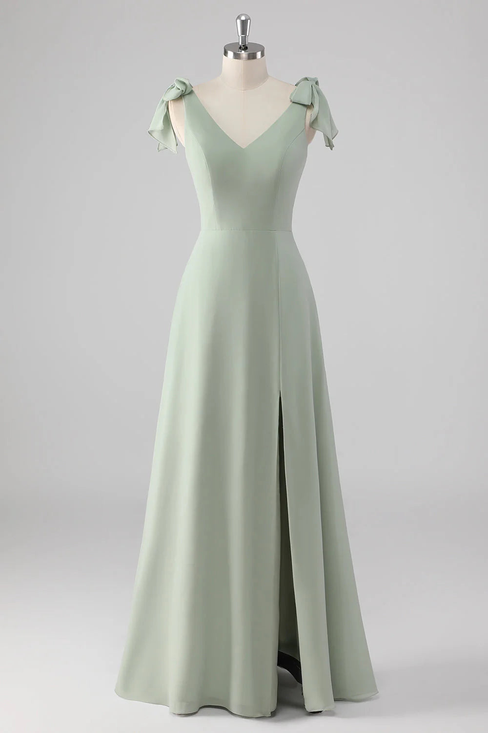 Sage Green A Line V Neck Bow Tie Straps Long Bridesmaid Dress with Slit