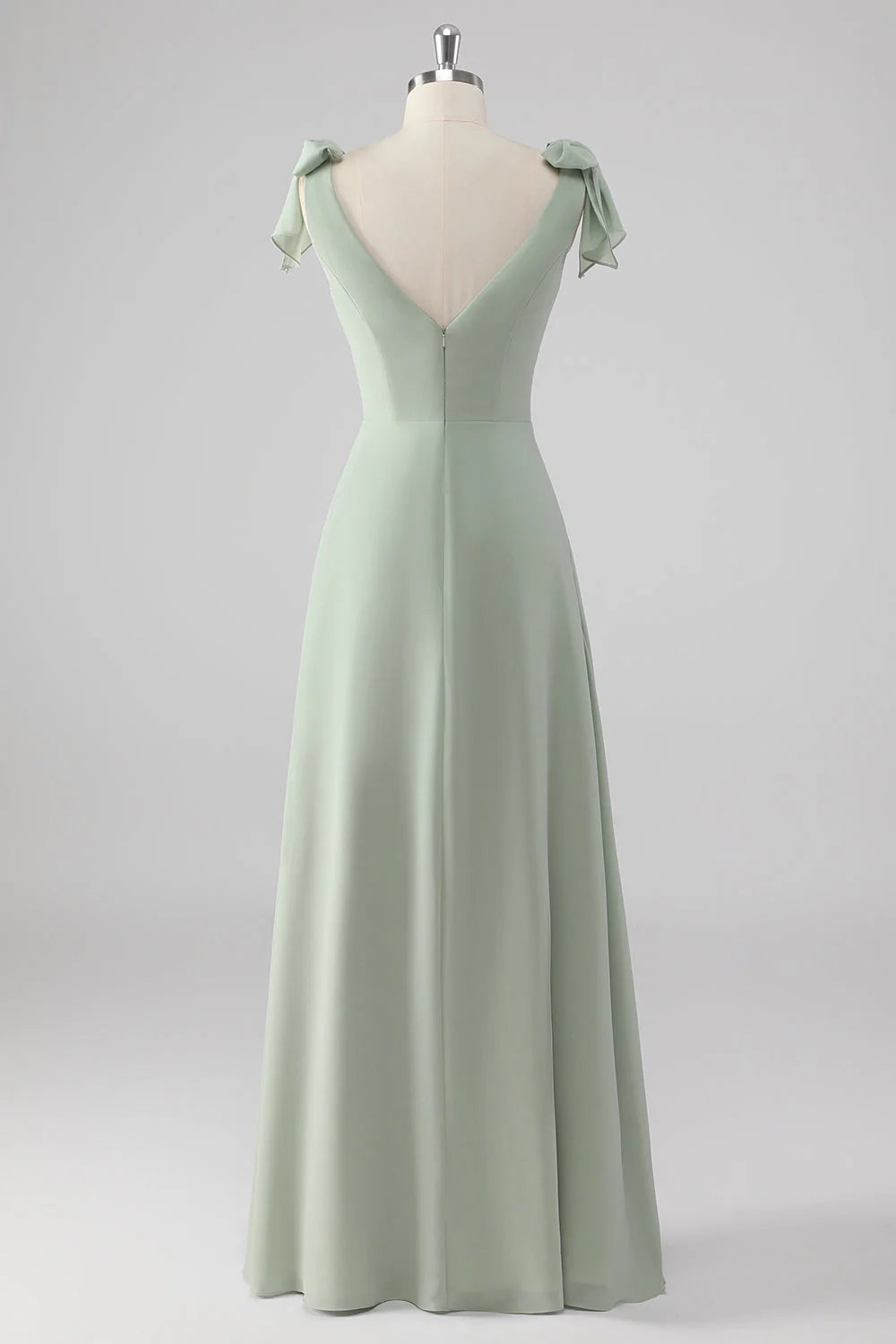 Sage Green A Line V Neck Bow Tie Straps Long Bridesmaid Dress with Slit