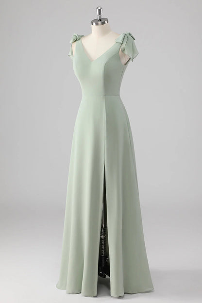 Sage Green A Line V Neck Bow Tie Straps Long Bridesmaid Dress with Slit