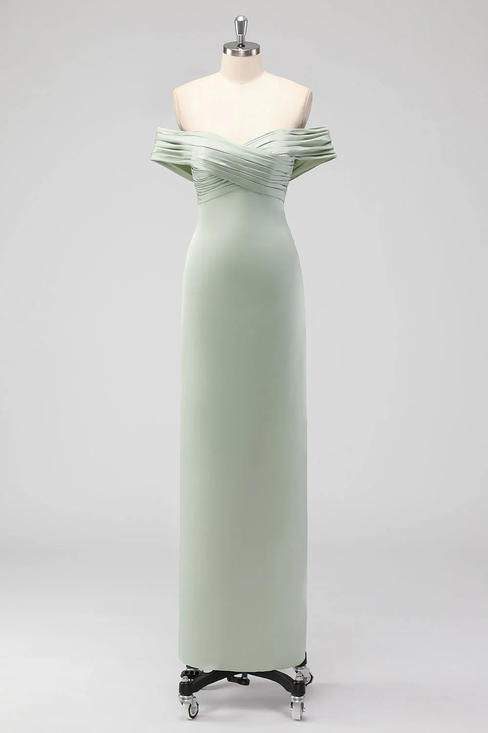 Sage Green Sheath Off the Shoulder Ruched Satin Long Bridesmaid Dress