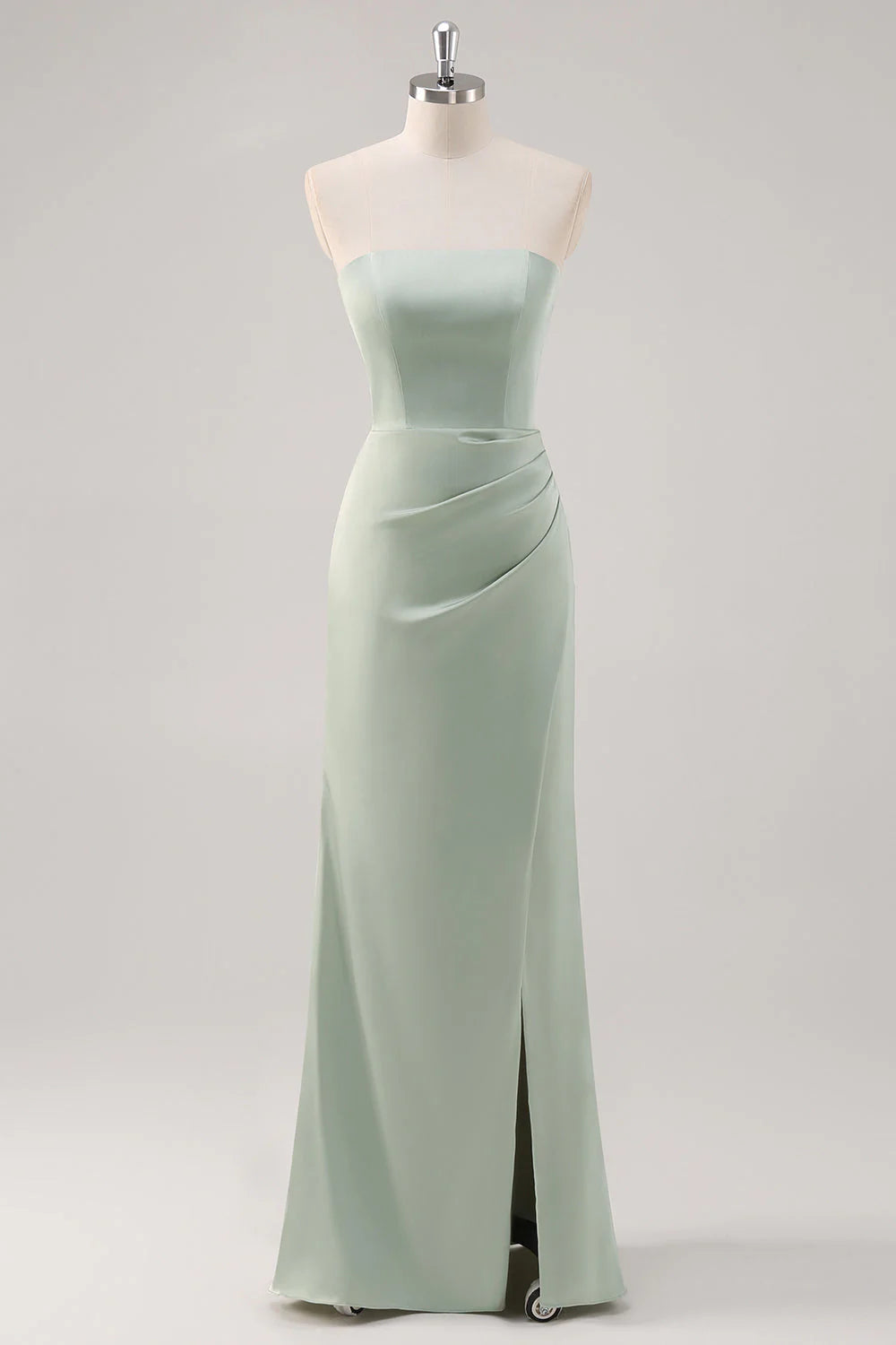 Mermaid Satin Strapless Ruched Sage Green Bridesmaid Dress with Slit