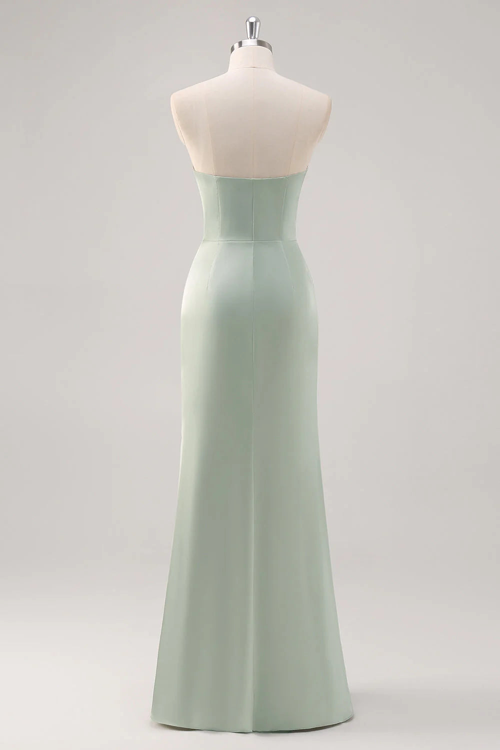 Mermaid Satin Strapless Ruched Sage Green Bridesmaid Dress with Slit