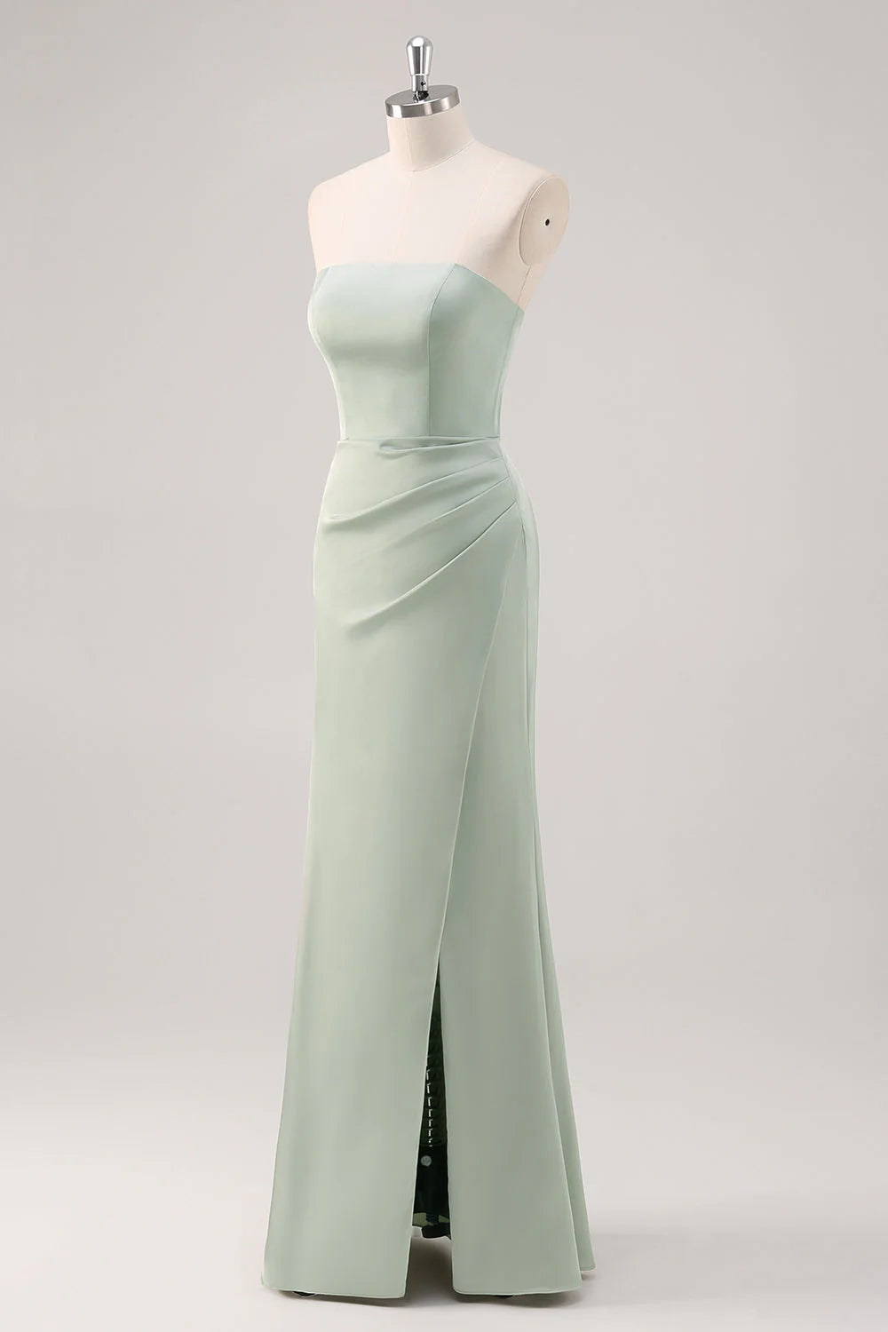 Mermaid Satin Strapless Ruched Sage Green Bridesmaid Dress with Slit
