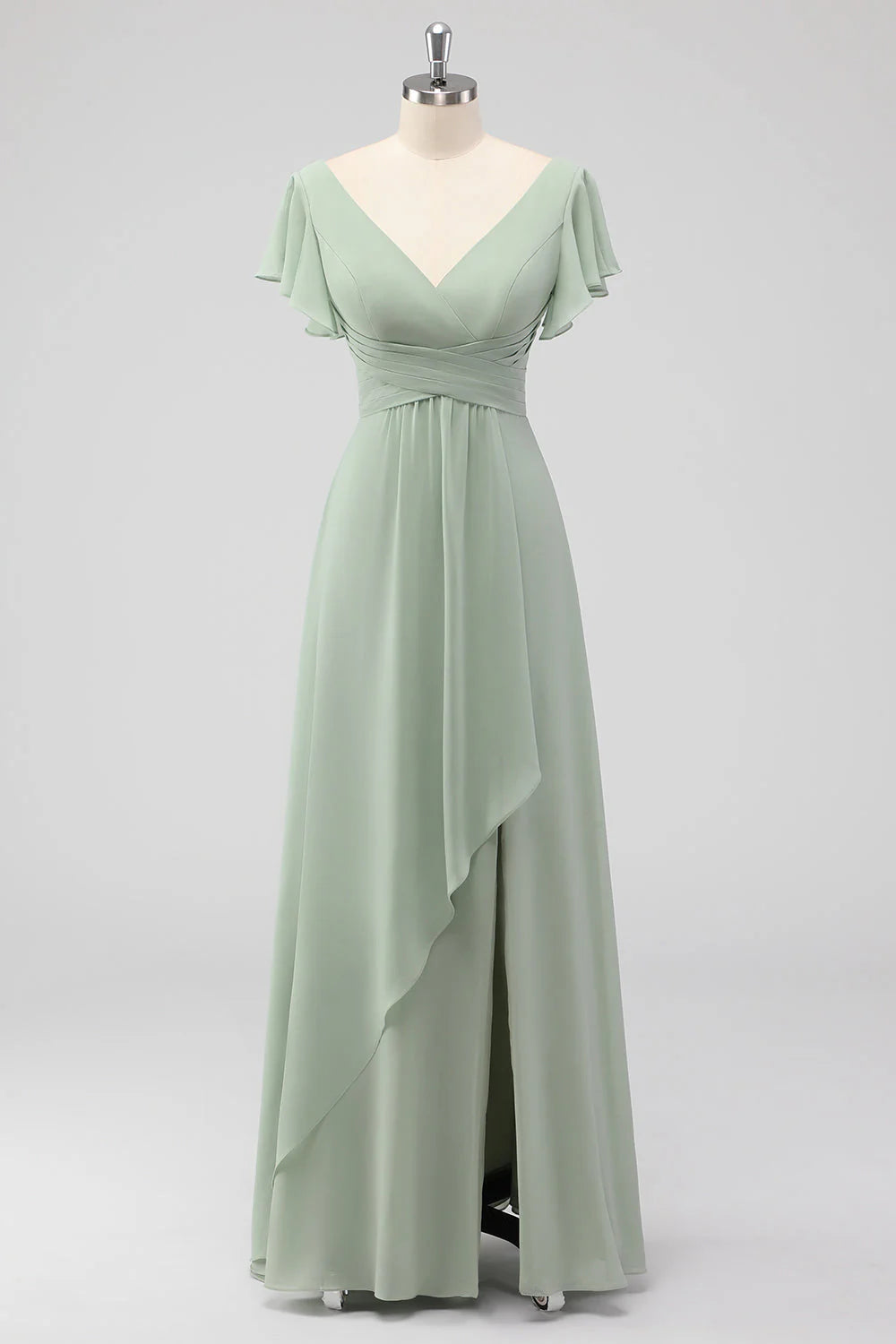 Sage Green A-Line V-Neck Chiffon Long Bridesmaid Dress with Slit