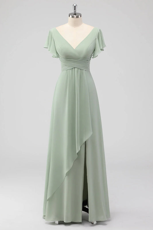 Sage Green A-Line V-Neck Chiffon Long Bridesmaid Dress with Slit