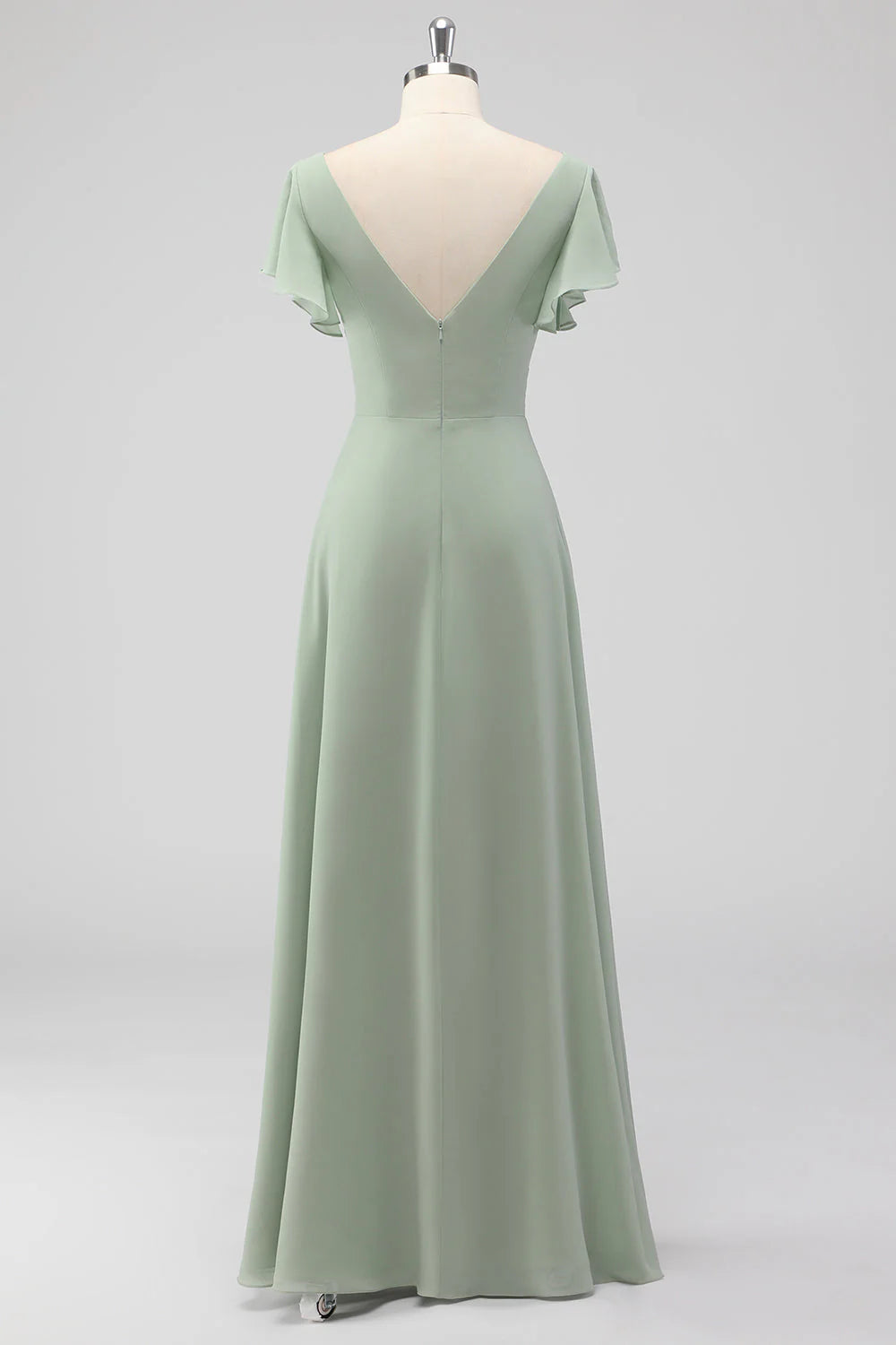 Sage Green A-Line V-Neck Chiffon Long Bridesmaid Dress with Slit