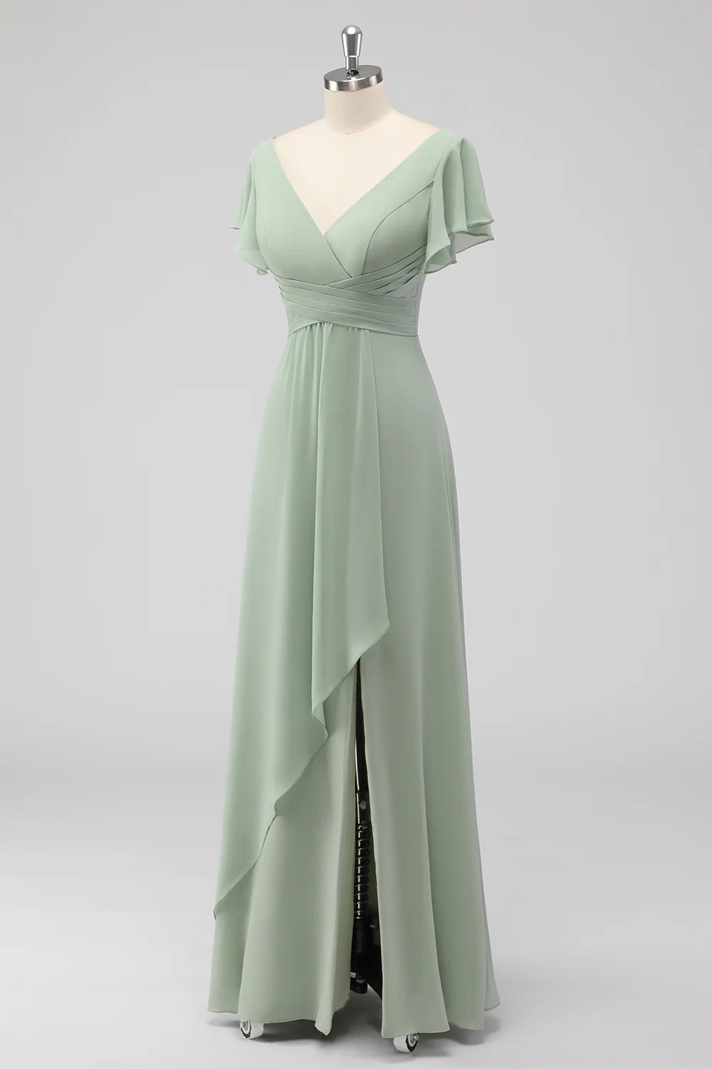 Sage Green A-Line V-Neck Chiffon Long Bridesmaid Dress with Slit