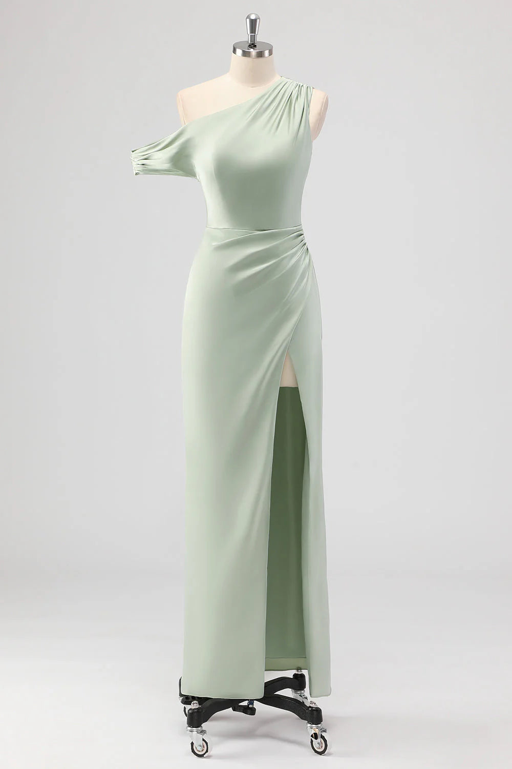 Sage Green Sheath One Shoulder Satin Ruched Long Bridesmaid Dress with Slit