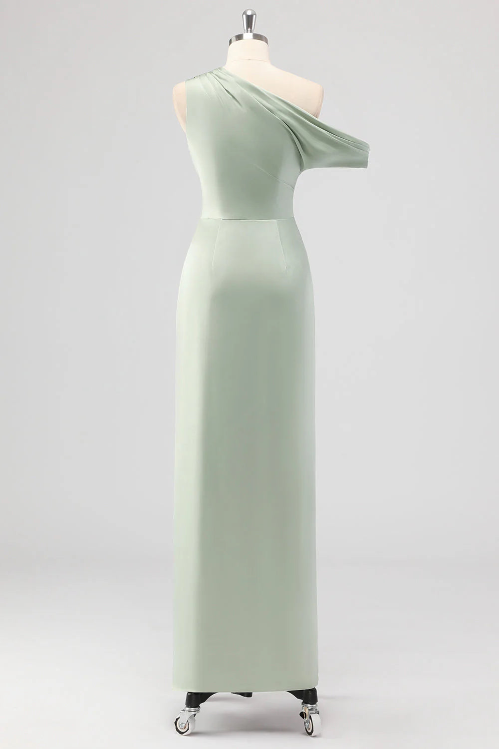 Sage Green Sheath One Shoulder Satin Ruched Long Bridesmaid Dress with Slit