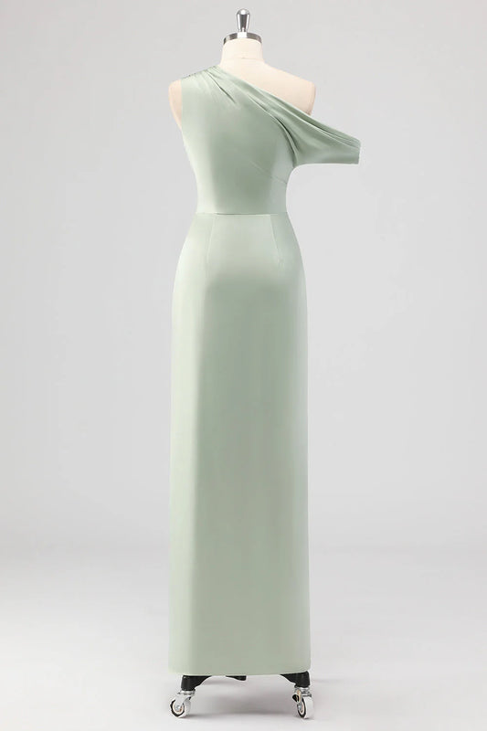 Sage Green Sheath One Shoulder Satin Ruched Long Bridesmaid Dress with Slit