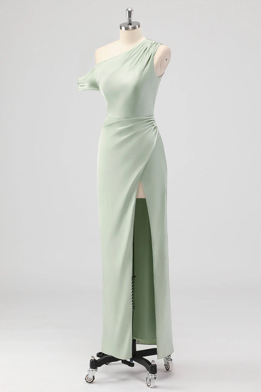 Sage Green Sheath One Shoulder Satin Ruched Long Bridesmaid Dress with Slit