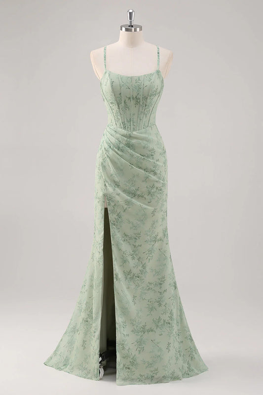 Green Floral Mermaid Lace-Up Back Corset Long Bridesmaid Dress with Slit