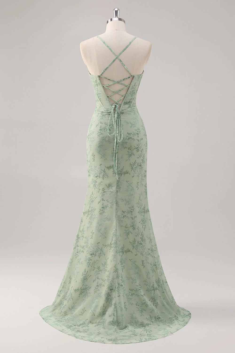 Green Floral Mermaid Lace-Up Back Corset Long Bridesmaid Dress with Slit