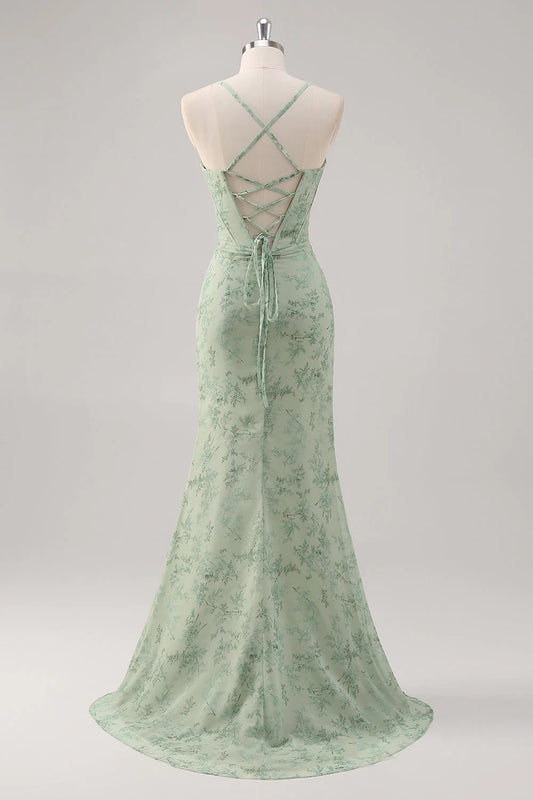Green Floral Mermaid Lace-Up Back Corset Long Bridesmaid Dress with Slit