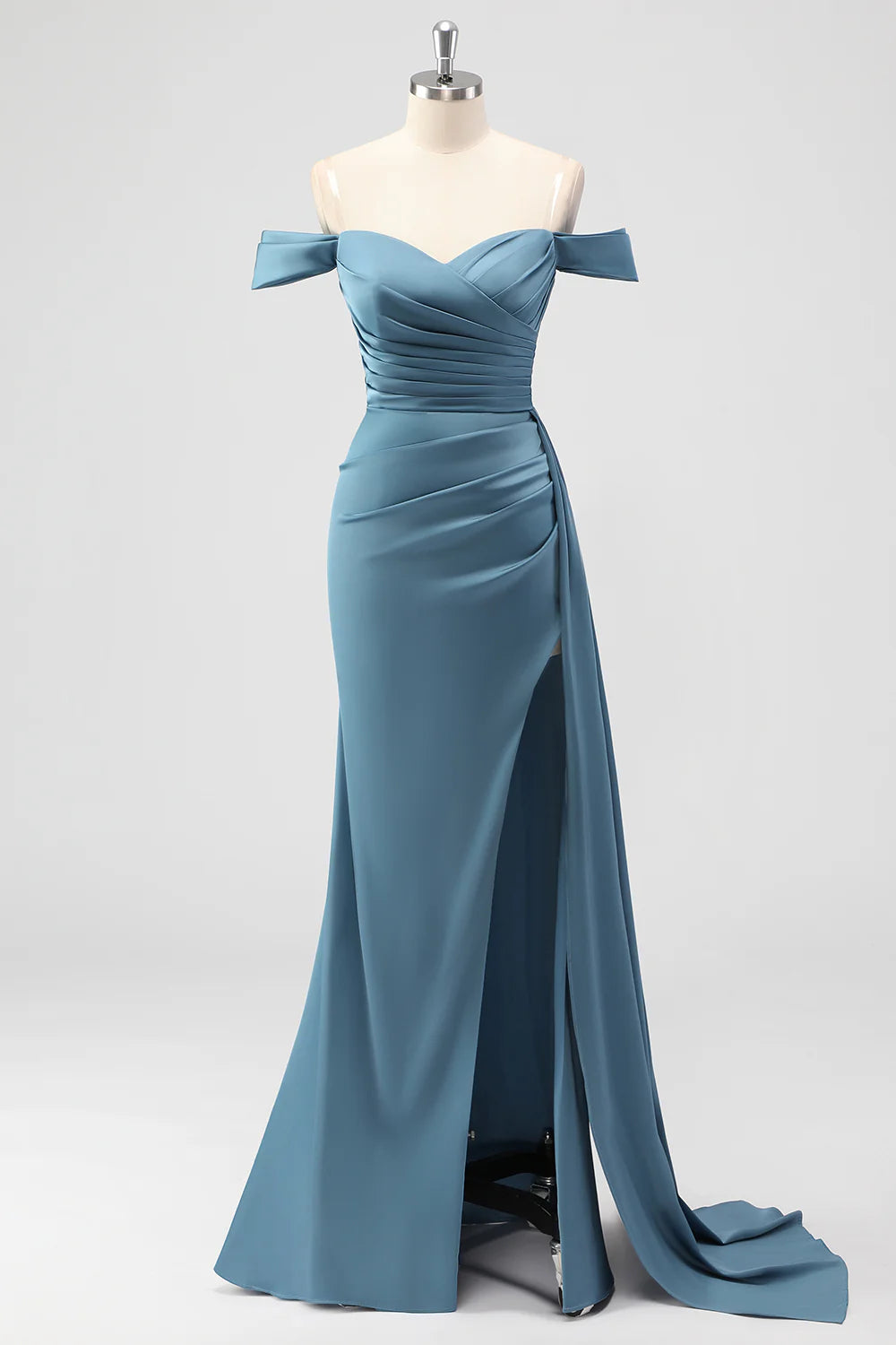 Dusty Blue Mermaid Off The Shoulder Side Streamer Ruched Satin Long Prom Dress with Slit