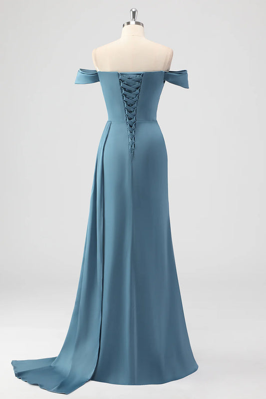Dusty Blue Mermaid Off The Shoulder Side Streamer Ruched Satin Long Prom Dress with Slit